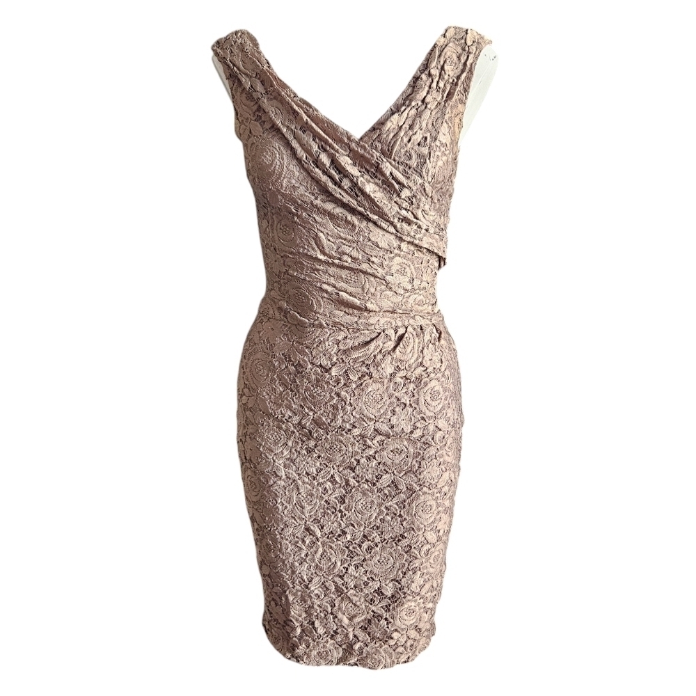 Reiss Lace Cocktail Dress Brown Sheath  V-neck‎ Lined Sz 0 Christmas Party Dress